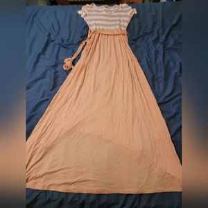 7th Ray Women's Short Sleeve Maxi Dress With Pockets Small Orange Pink and White